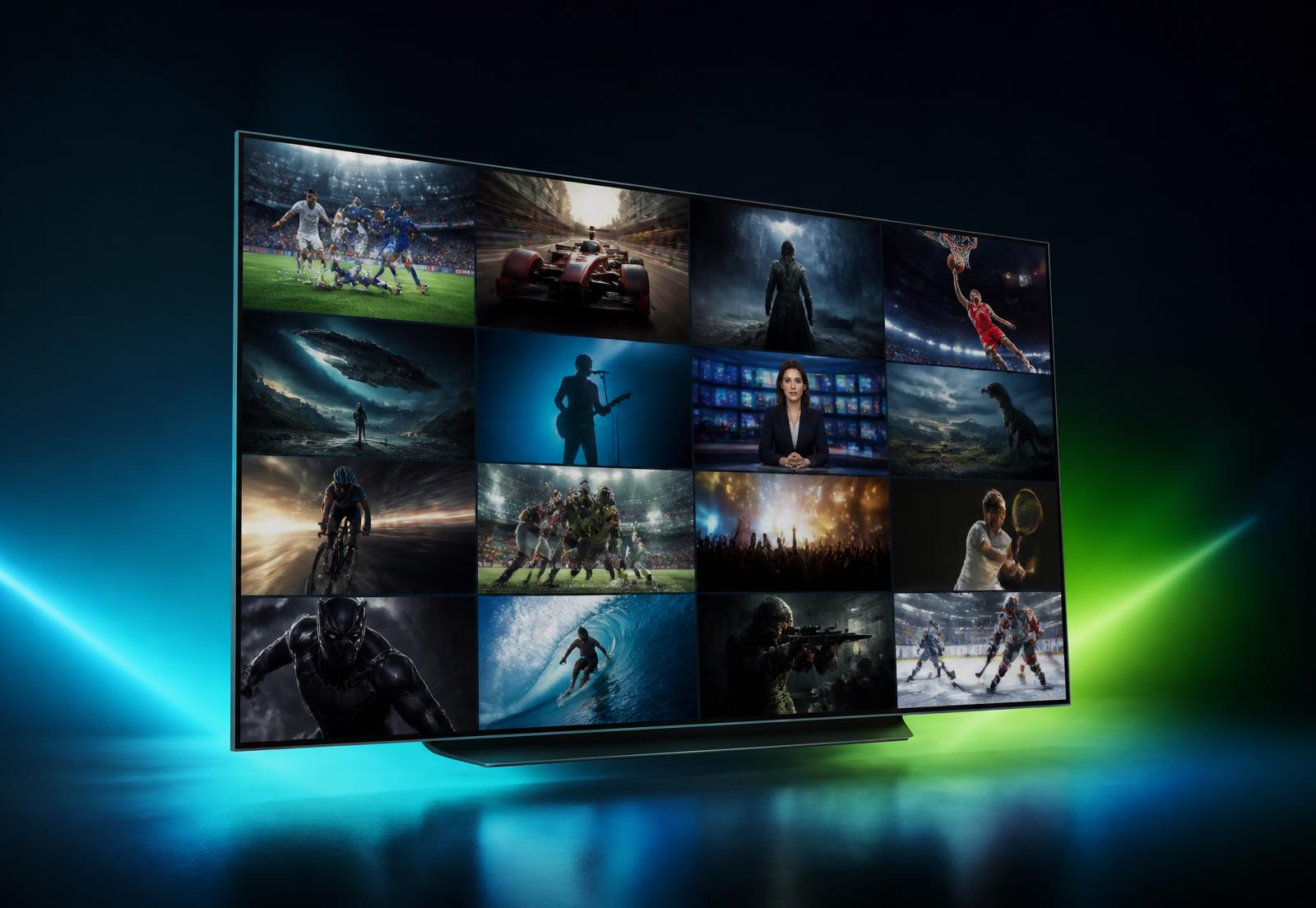 Smart TV showing a grid of live sports, movie and news channels streaming in 4K